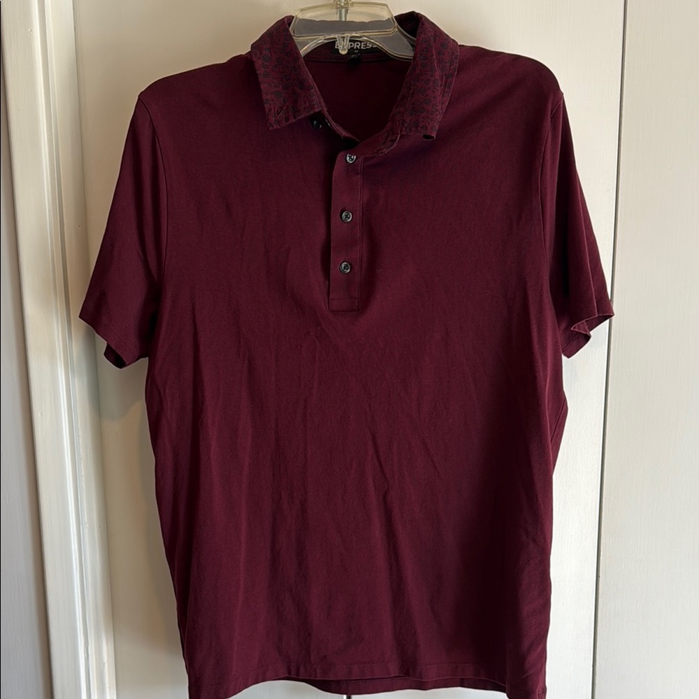 Express Men’s Maroon Polo Shirt with patterned collar